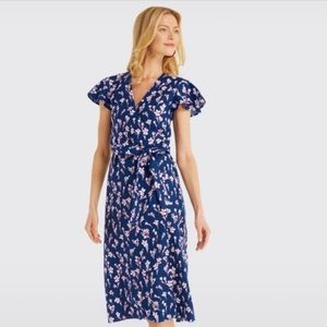 Draper James Floral Linen Wrap Dress, Blue Peony Floral, Size 6